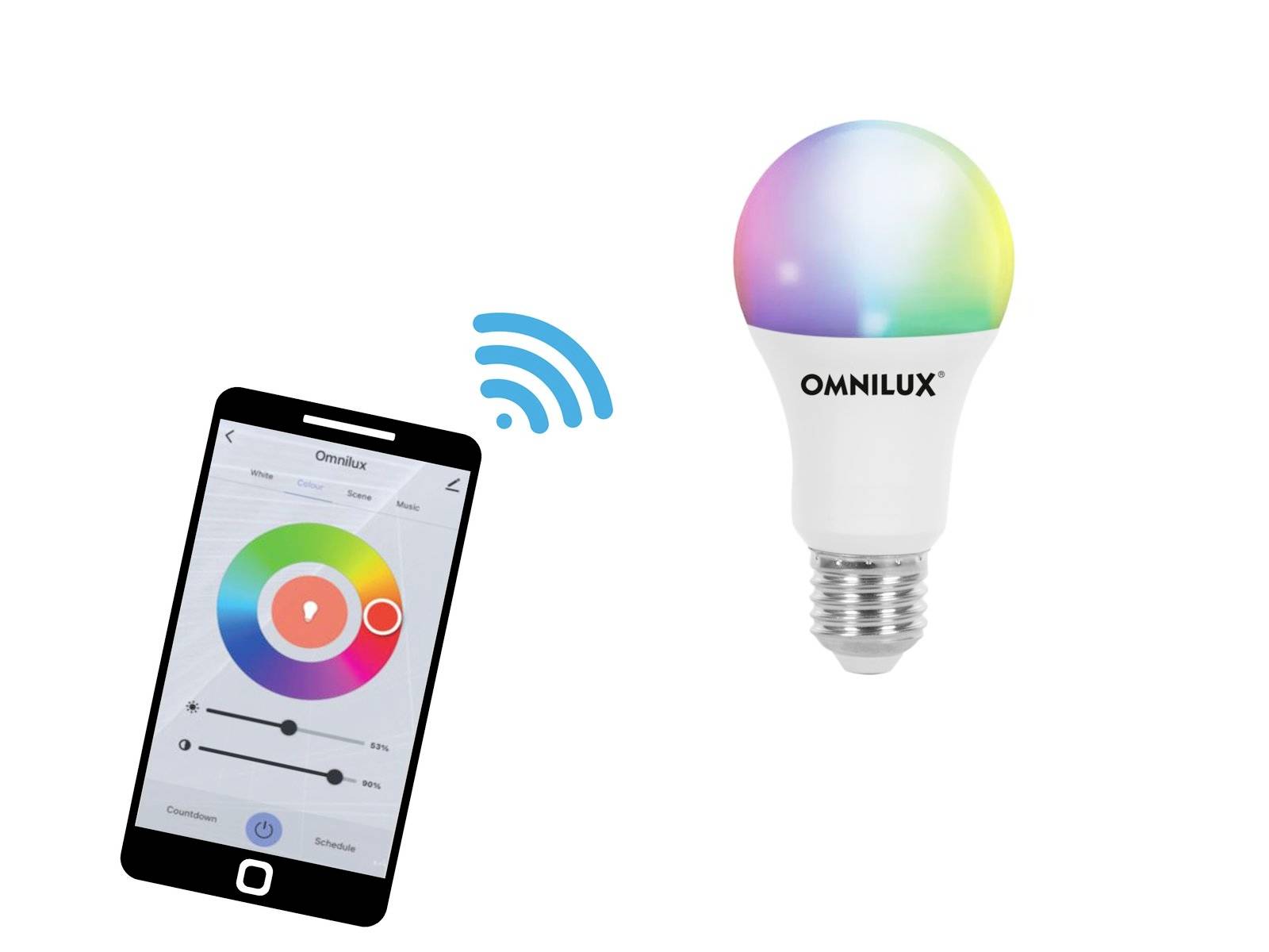 Eine Smartphone-App steuert eine intelligente LED-Glühbirne mit Farbwechsel. Die App zeigt einen Farbkreis und Schieberegler.