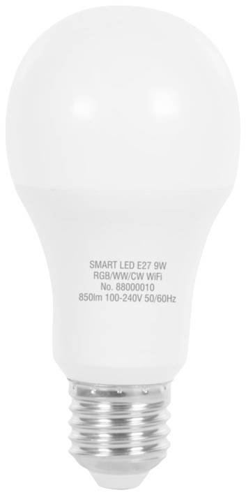 Weiße LED-Glühbirne mit E27-Fassung, 9W, Smart-Features, RGB/WW/CW WiFi-kompatibel, Spannung 100-240V, Frequenz 50/60Hz.