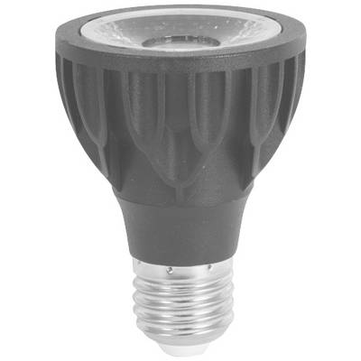 Eine schwarze LED-Glühbirne mit standardisierter Schraubfassung, die häufig für energiesparende Beleuchtung verwendet wird.