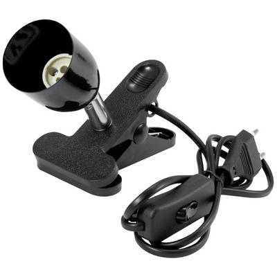 Schwarze Klemmleuchte mit Schalter und Stecker, geeignet für flexible Befestigung; ideal für punktuelle Beleuchtung.