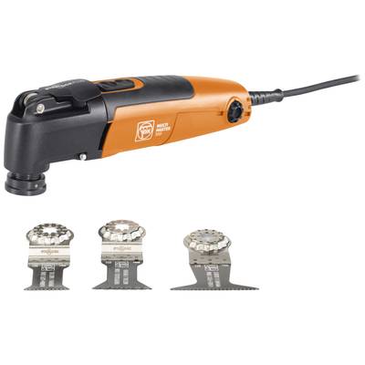 Ein orange-schwarzes Multifunktionswerkzeug mit Kabel und drei austauschbaren Klingen, geeignet für Schneide- und Schleifarbeiten.