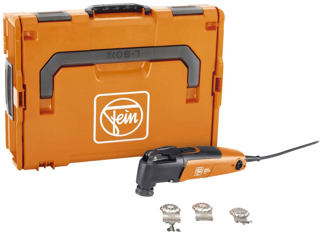 Ein orangefarbener Fein-Multimaster mit Zubehör und Transportkoffer. Ideal für Renovierungsarbeiten und vielseitige Anwendung.