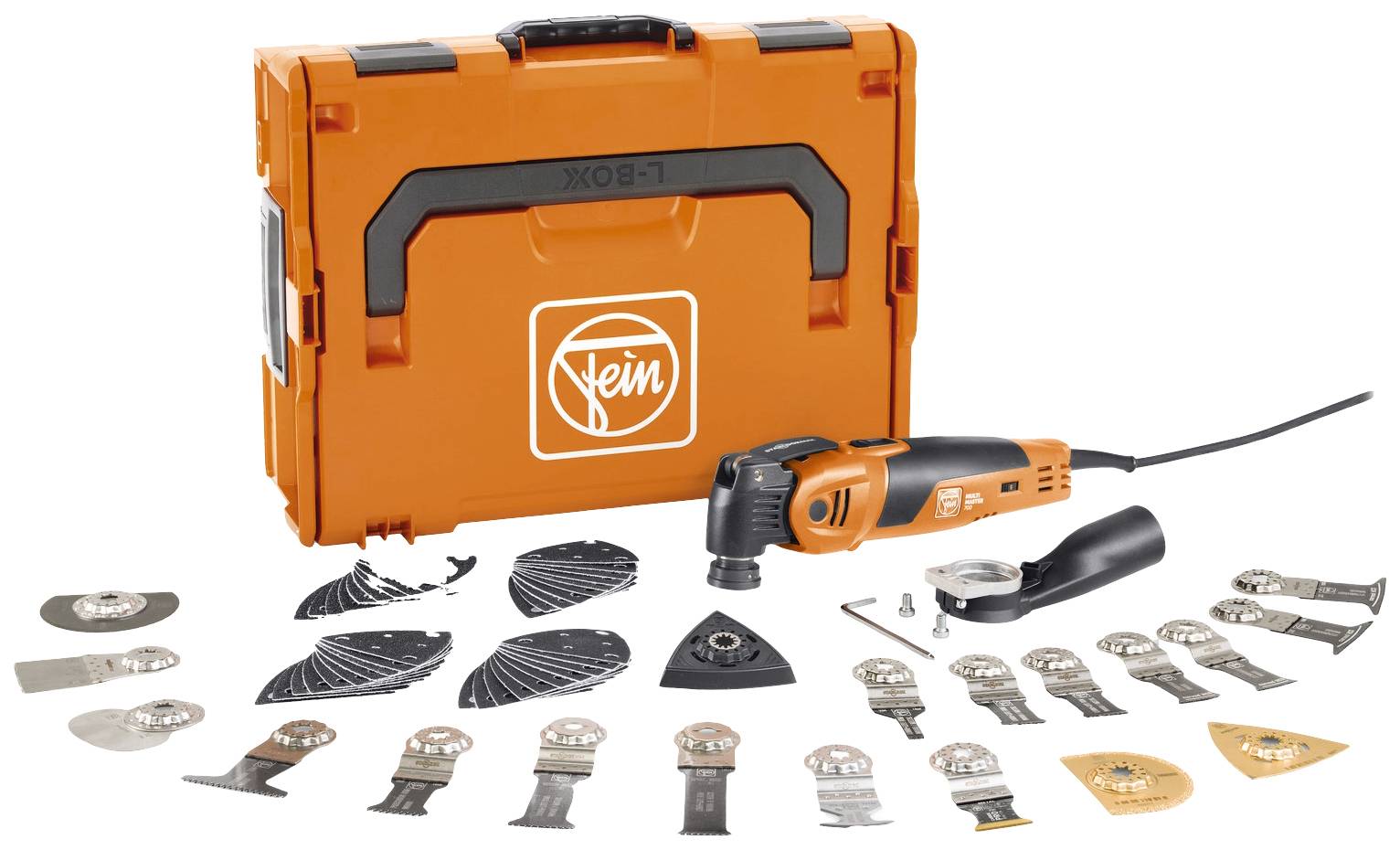 Ein orangefarbenes Multifunktionswerkzeug-Set mit Zubehör und Koffer. Enthält verschiedene Aufsätze für Arbeiten wie Schleifen und Sägen.