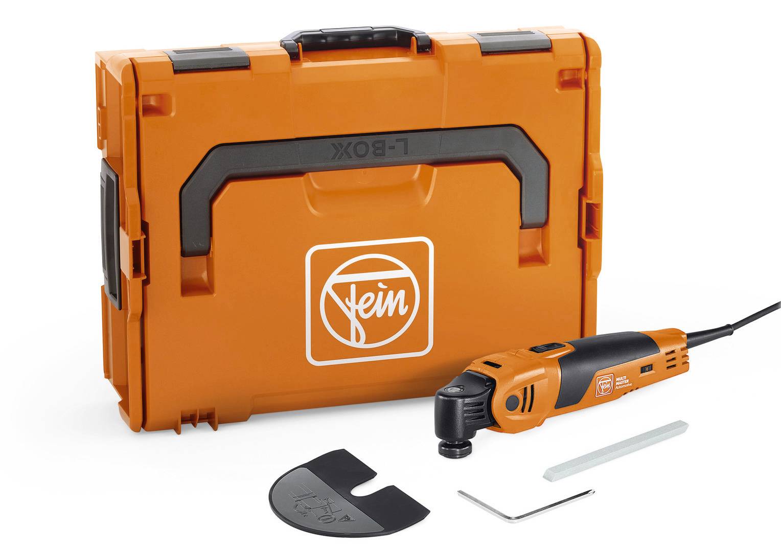 Ein orangefarbenes Elektrowerkzeug-Set mit Koffer, Multitool und Zubehör. Logo 'Fein' auf Koffer. Werkzeug für verschiedene Aufgaben.
