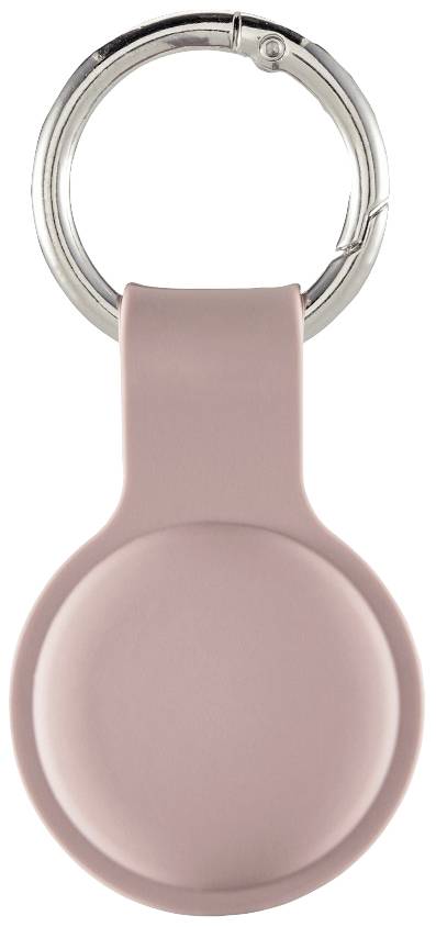 Ein rosa Schlüsselanhänger mit rundem, gewölbtem Design und einem silbernen Schlüsselring oben.