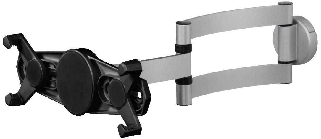 Wandhalterung für Monitore oder Tablets, silberne Armstruktur mit schwarzer Halterung, flexibel einstellbar für ergonomische Nutzung.