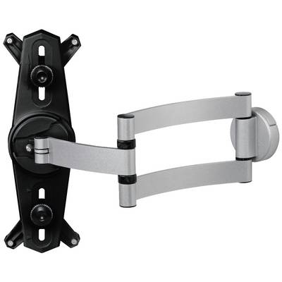 Verstellbare, an eine Wand montierbare TV- oder Monitorhalterung aus Metall, schwarz und silber, mit zwei Gelenkarmen.