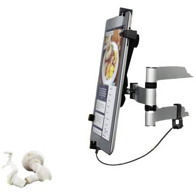 Ein Tablet in einem verstellbaren Halter zeigt eine Koch-App. Daneben liegt ein USB-Stick mit Pilz-Form.