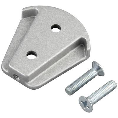 Ein silbernes Metallwinkelstück mit zwei Löchern, begleitet von zwei passenden Schrauben.