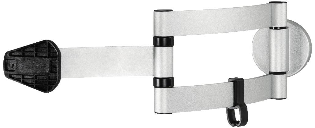 Ein silberner TV-Wandhalter mit beweglichem Arm und schwarzer Befestigungsplatte.