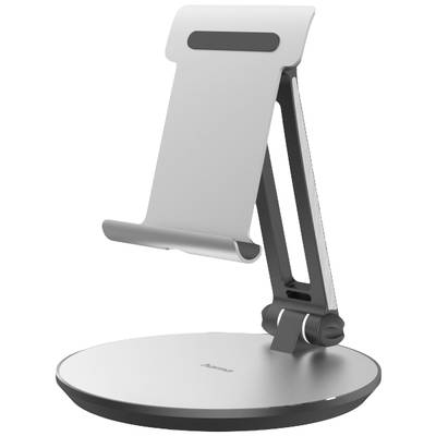 Ein silberner, verstellbarer Tablet-Ständer mit rundem Sockel und neigbarem Haltearm, zur Unterstützung von Tablets auf Schreibtischen.