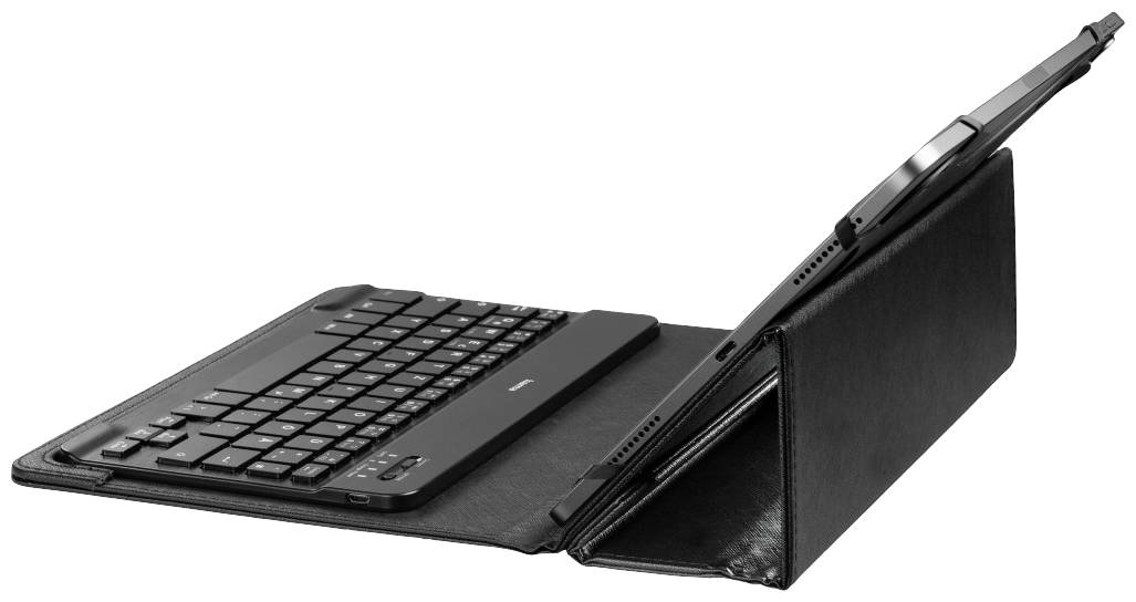 Tablet mit abnehmbarer Tastatur in schwarzer Hülle aufgestellt, Seitenansicht. Ideal für mobiles Arbeiten oder Präsentationen.
