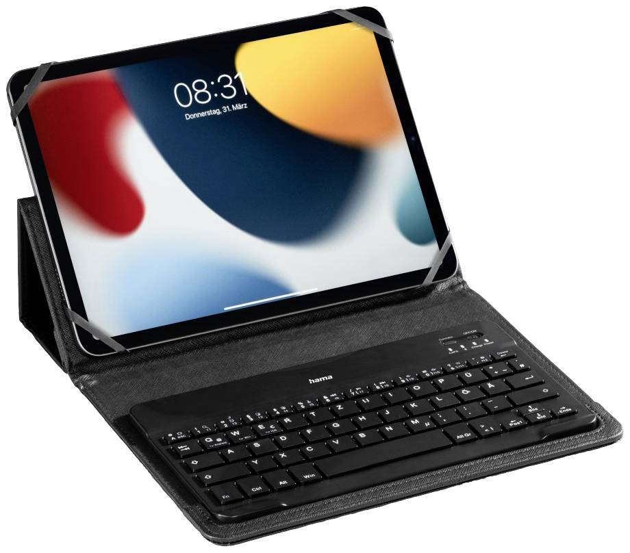 Tablet mit bunter Hintergrundanzeige in einem schwarzen Etui mit integrierter Tastatur. Datum und Uhrzeit auf dem Bildschirm sichtbar.