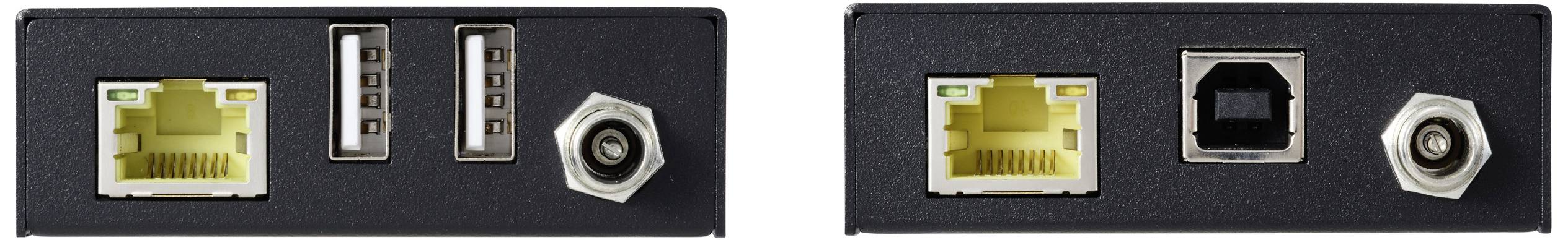 Zwei schwarze Anschlussfelder: links mit zwei USB-Ports und LAN-Anschluss, rechts mit LAN- und Glasfaseranschluss, je mit Schraubbuchse.