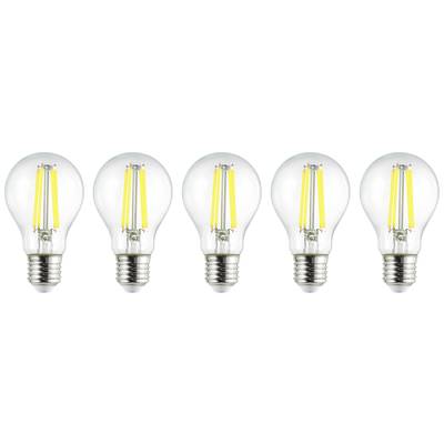 Fünf nebeneinander stehende Glühbirnen mit LED-Technologie auf weißem Hintergrund; Symbol für Energieeffizienz.