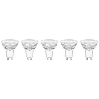 Fünf LED-Glühbirnen in einer Reihe, alle identisch mit GU10-Sockeln, geeignet für energiesparende Beleuchtung in Innenräumen.