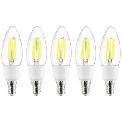 Fünf LED-Glühbirnen mit sichtbaren Filamenten stehen nebeneinander aufrecht. Jede hat eine E14-Fassung und klarglasige Hülle.