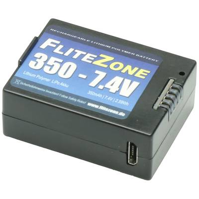 Eine wiederaufladbare Lithium-Polymer-Batterie der Marke FliteZone mit einer Kapazität von 350mAh und 7,4V, USB-Anschluss sichtbar.