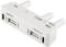 Ein weißer Verteileradapter mit zwei USB-C- und zwei USB-A-Anschlüssen, gekennzeichnet als 'INPUT' und 'OUTPUT'. 5A, COM, 48V markiert.