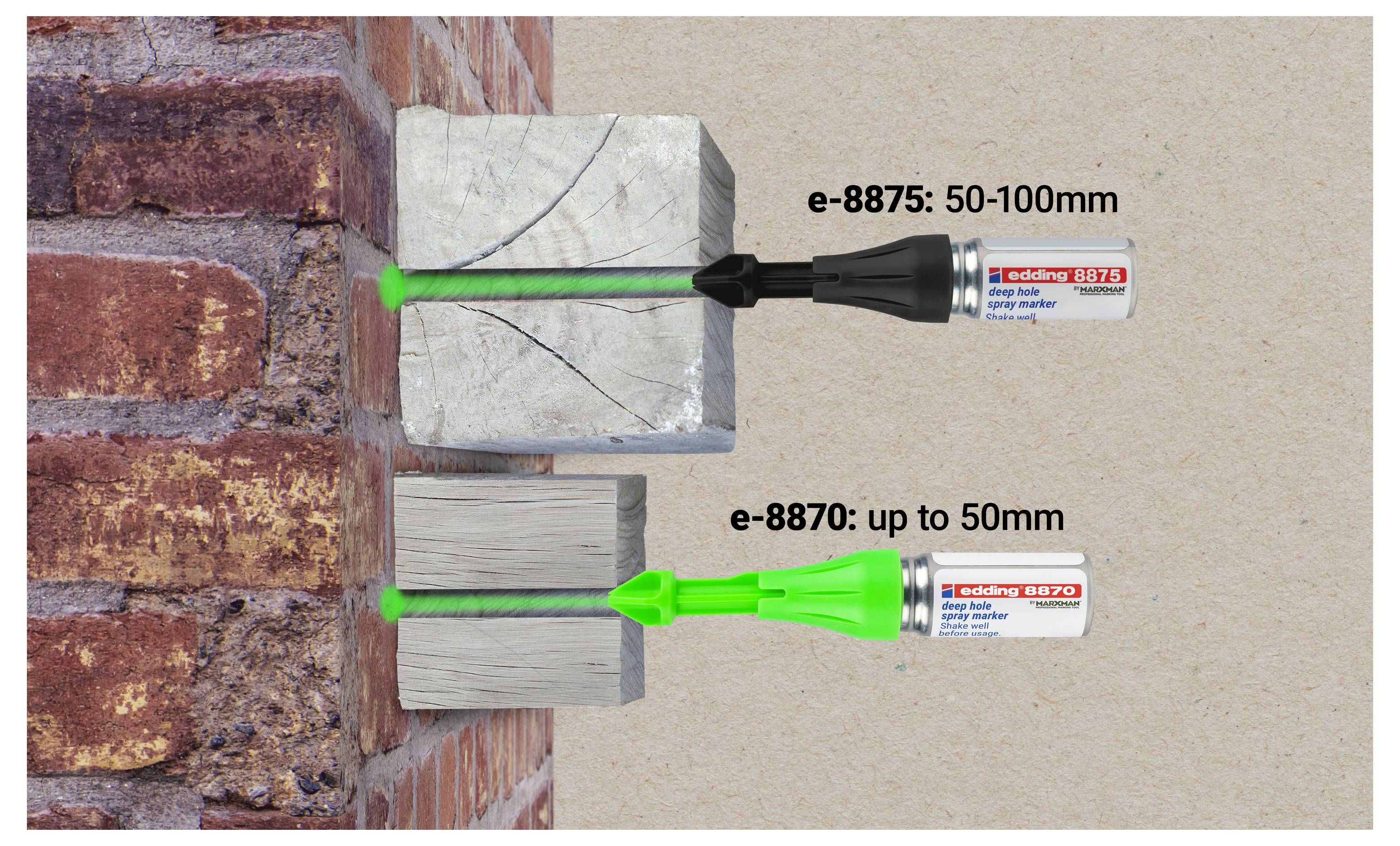Diagramm zweier Injektionsapplika­toren in einer Ziegelmauer: e-8875 für 50-100 mm und e-8870 für Risse bis 50 mm Breite.