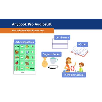 'Anybook Pro Audiostift' ermöglicht das Vertonen von Arbeitsblättern, Lernkarten, Gegenständen, Büchern und Therapiematerial.