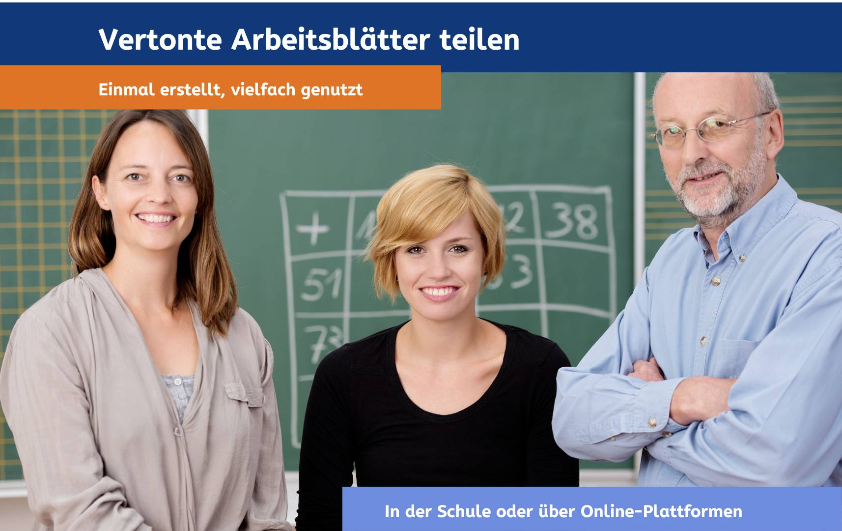 'Drei Personen stehen vor einer Tafel mit mathematischen Formeln. Text: Einmal erstellt, vielfach genutzt. In der Schule oder über Online-Plattformen.'