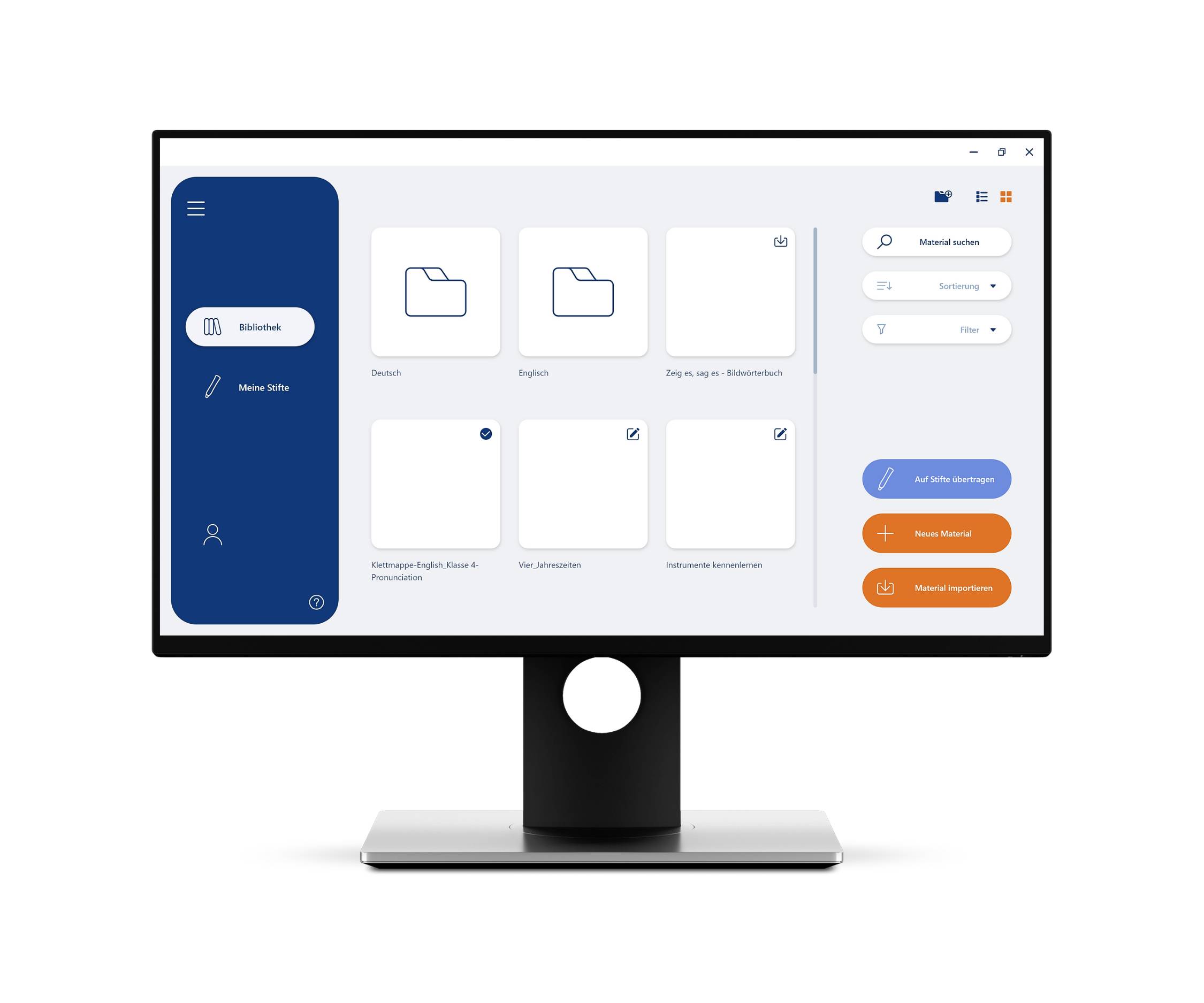 Ein Computerbildschirm zeigt eine Benutzeroberfläche mit Ordnersymbolen und Navigationselementen. Hauptmenü links, Aktionsknöpfe rechts.