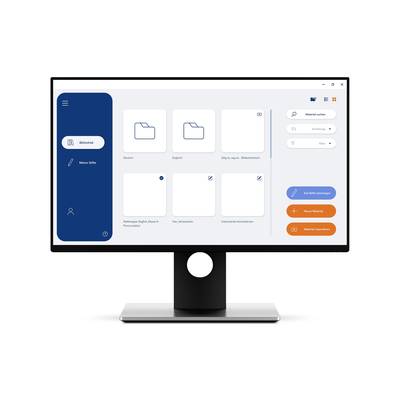 Ein Computerbildschirm zeigt eine Benutzeroberfläche mit Ordnersymbolen und Navigationselementen. Hauptmenü links, Aktionsknöpfe rechts.