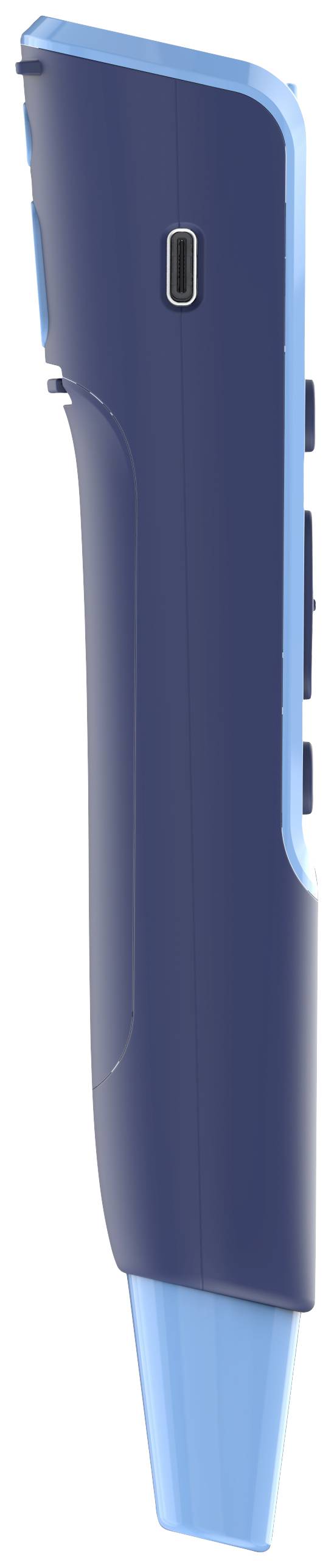 Ein blaues, stabförmiges elektronisches Gerät mit mehreren Knöpfen an der Seite und einem USB-Anschluss oben.