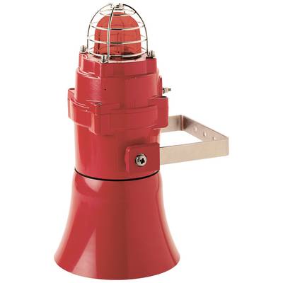 Ein roter Notfallalarm mit Sirene und Licht, befestigt an einer Metallhalterung. Einsatz in Sicherheits- und Warnsystemen.