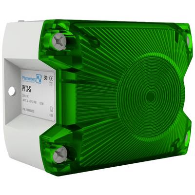 Grünes Blitzlichtgerät mit Kunststoffgehäuse, Etikett mit technischen Spezifikationen.