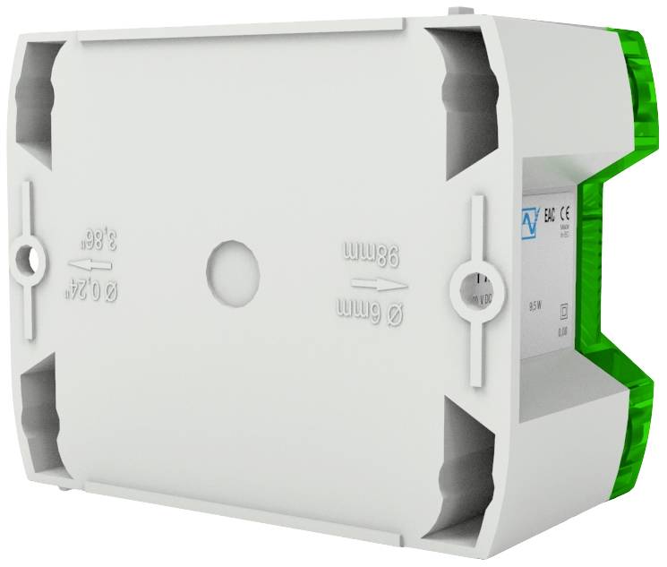 Ein weiß-grünes, rechteckiges Elektrogehäuse zur Wandmontage mit CE-Zertifikat, zeigt Angaben zur Ausrichtung und Schraubposition.