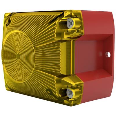 Ein rot-gelbes technisches Gerät mit kreisförmigen Mustern und Schrauben. Es scheint ein elektronisches Bauteil oder Sensor zu sein.
