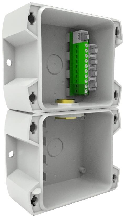Zwei stapelbare Elektronikgehäuse, das obere zeigt eine grüne Anschlussleiste. Sie sind zum Schutz elektronischer Komponenten geeignet.