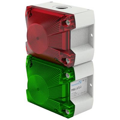 Zwei würfelförmige LED-Leuchten, eine rot, eine grün, übereinander gestapelt, für industrielle Signalisierung.