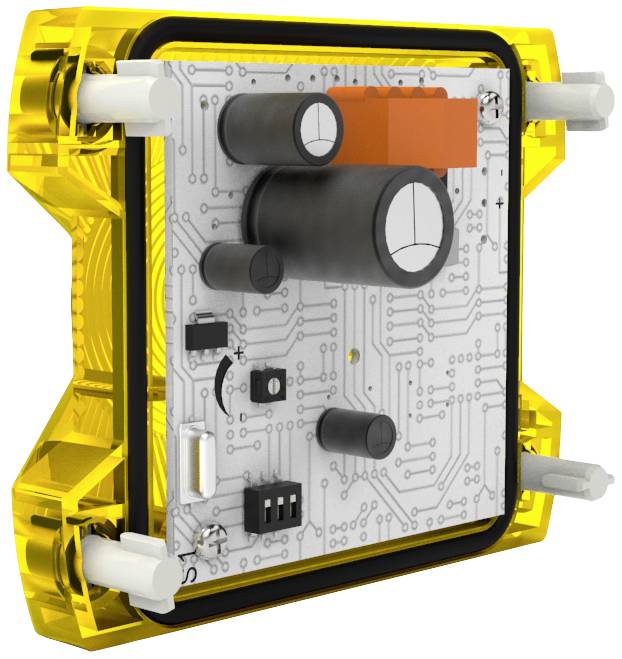 Elektronisches Bauteil mit gelbem Rahmen, zeigt eine Leiterplatte mit mehreren sichtbaren Kondensatoren und Anschlüssen.