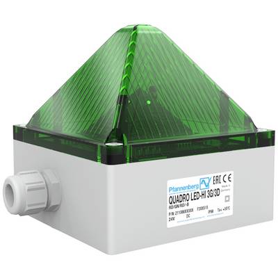 Industrieleuchte mit grünem, pyramidenförmigem LED-Licht. Beschriftet 'Quadro LED-Hi 3G/3D'. Gehäuse aus grauem Kunststoff.