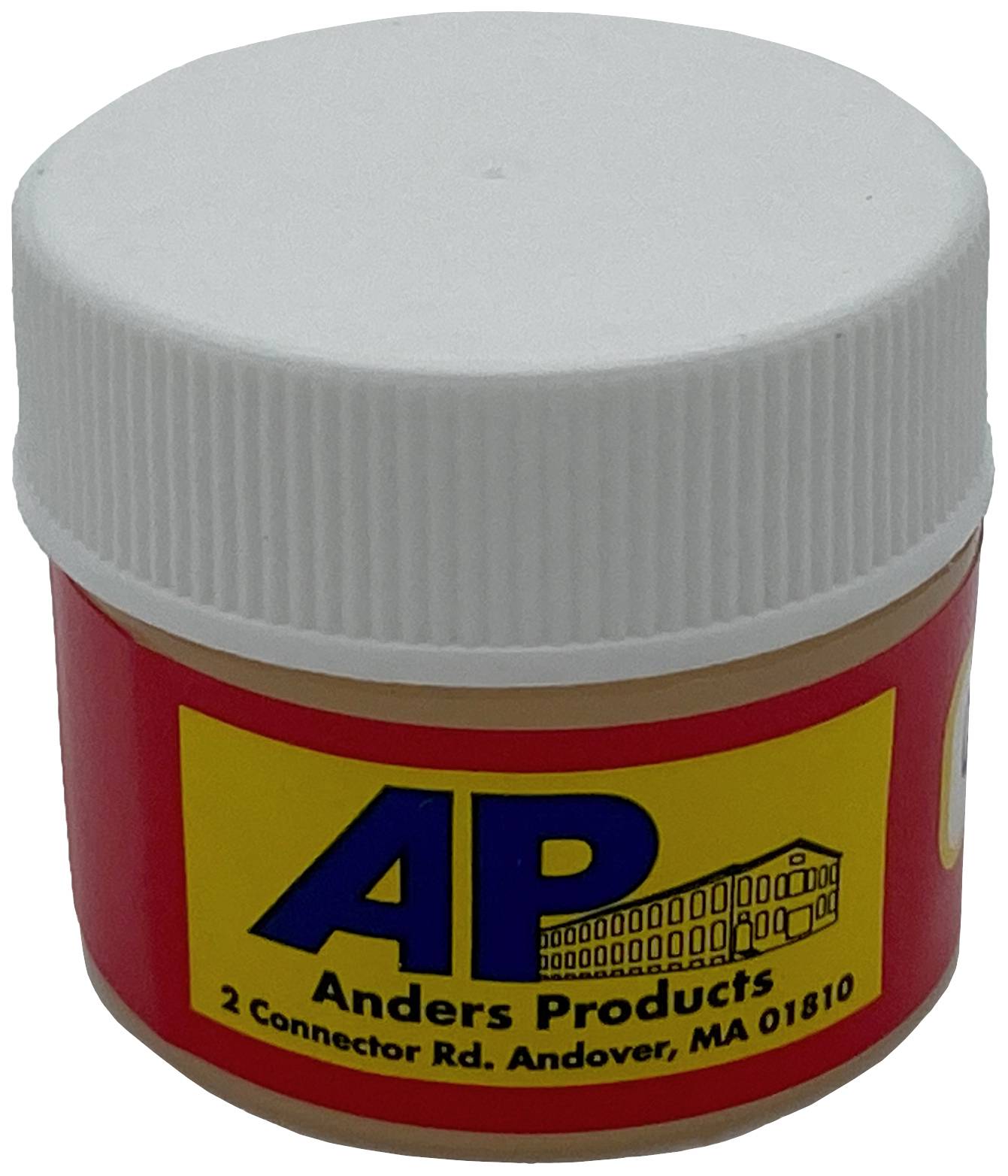 Ein kleines, rundes Plastikgefäß mit weißem Schraubdeckel. Das Etikett zeigt das Logo 'AP' und die Adresse 'Anders Products, Andover, MA'.