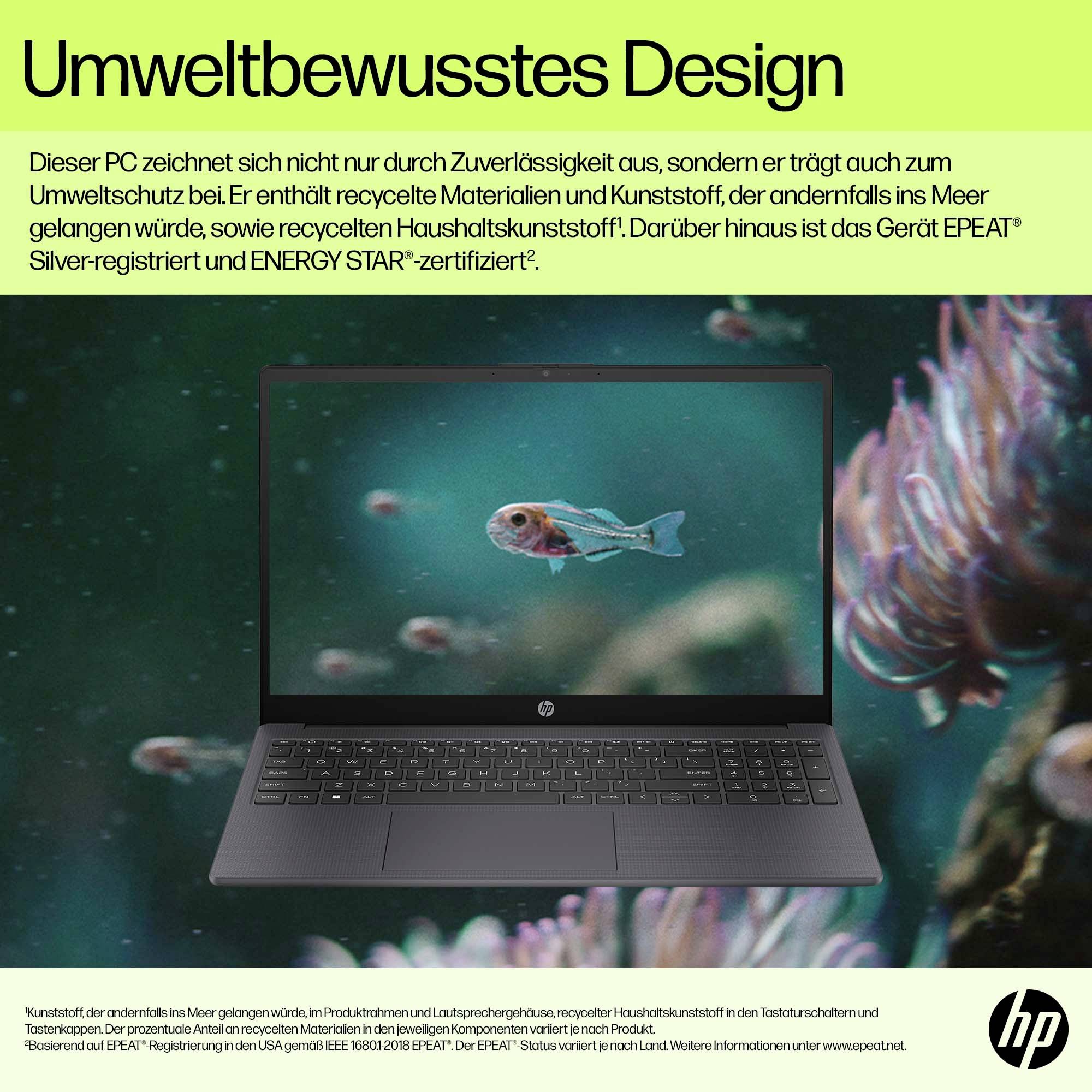 Ein Laptop mit dem Text 'Umweltbewusstes Design'. Er enthält recycelte Materialien. Zertifikate: EPEAT Silver, ENERGY STAR.