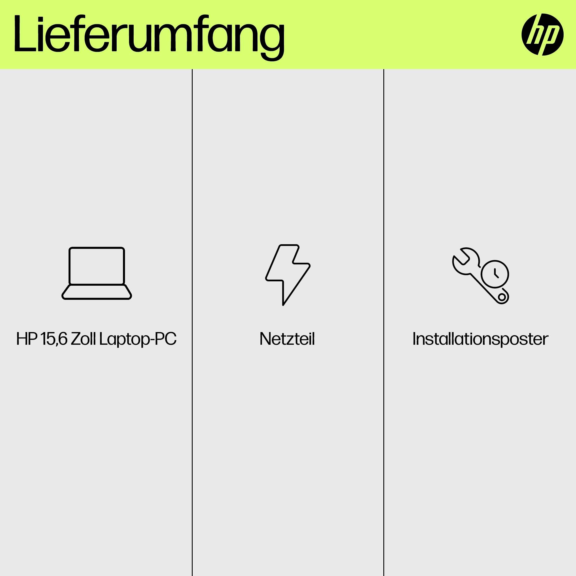 'Lieferumfang': Ein HP 15,6 Zoll Laptop-PC, ein Netzteil und ein Installationsposter.