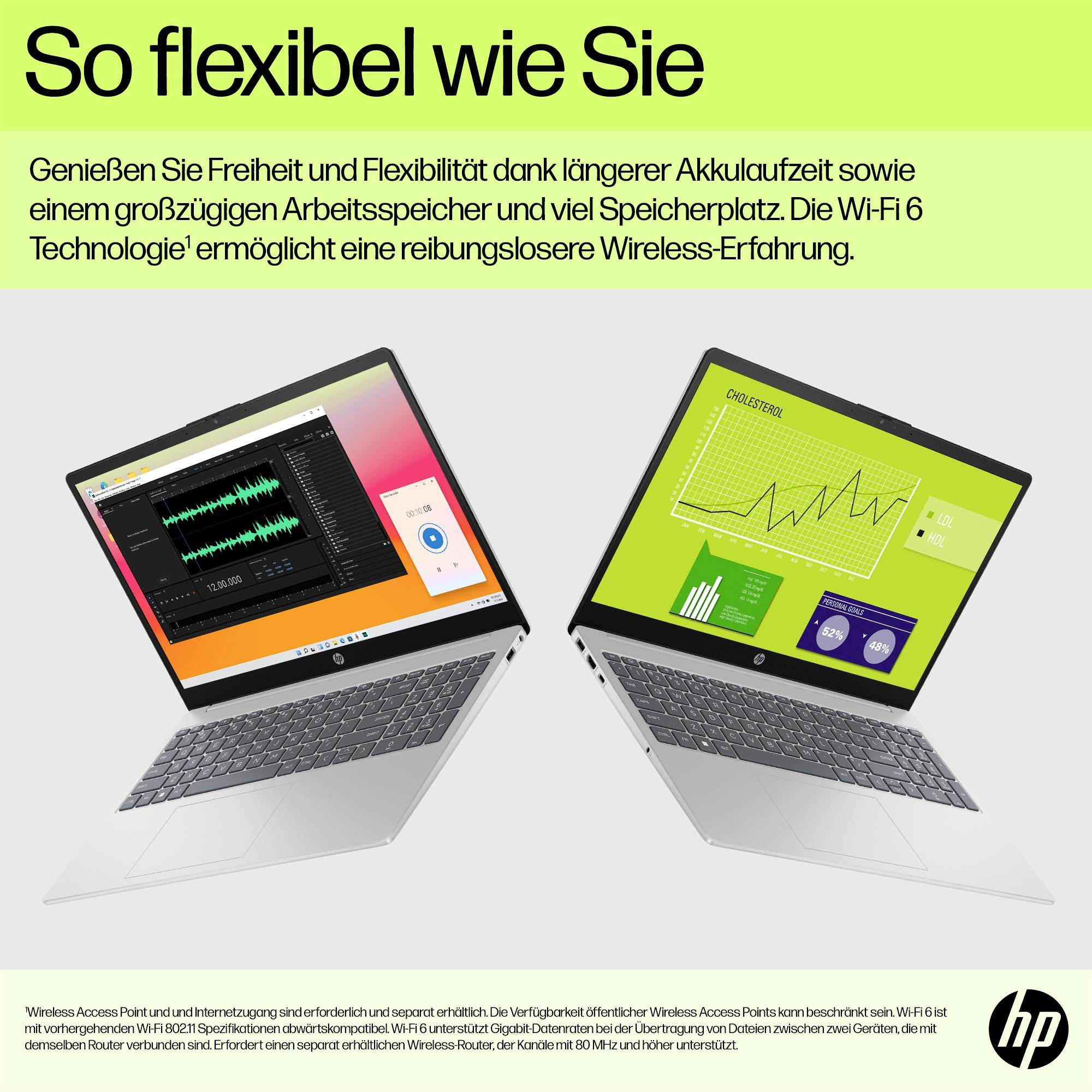Zwei Laptops mit bunten Grafiken auf den Bildschirmen. Überschrift: 'So flexibel wie Sie'. Fokus auf Akku, Arbeitsspeicher, Speicherplatz.