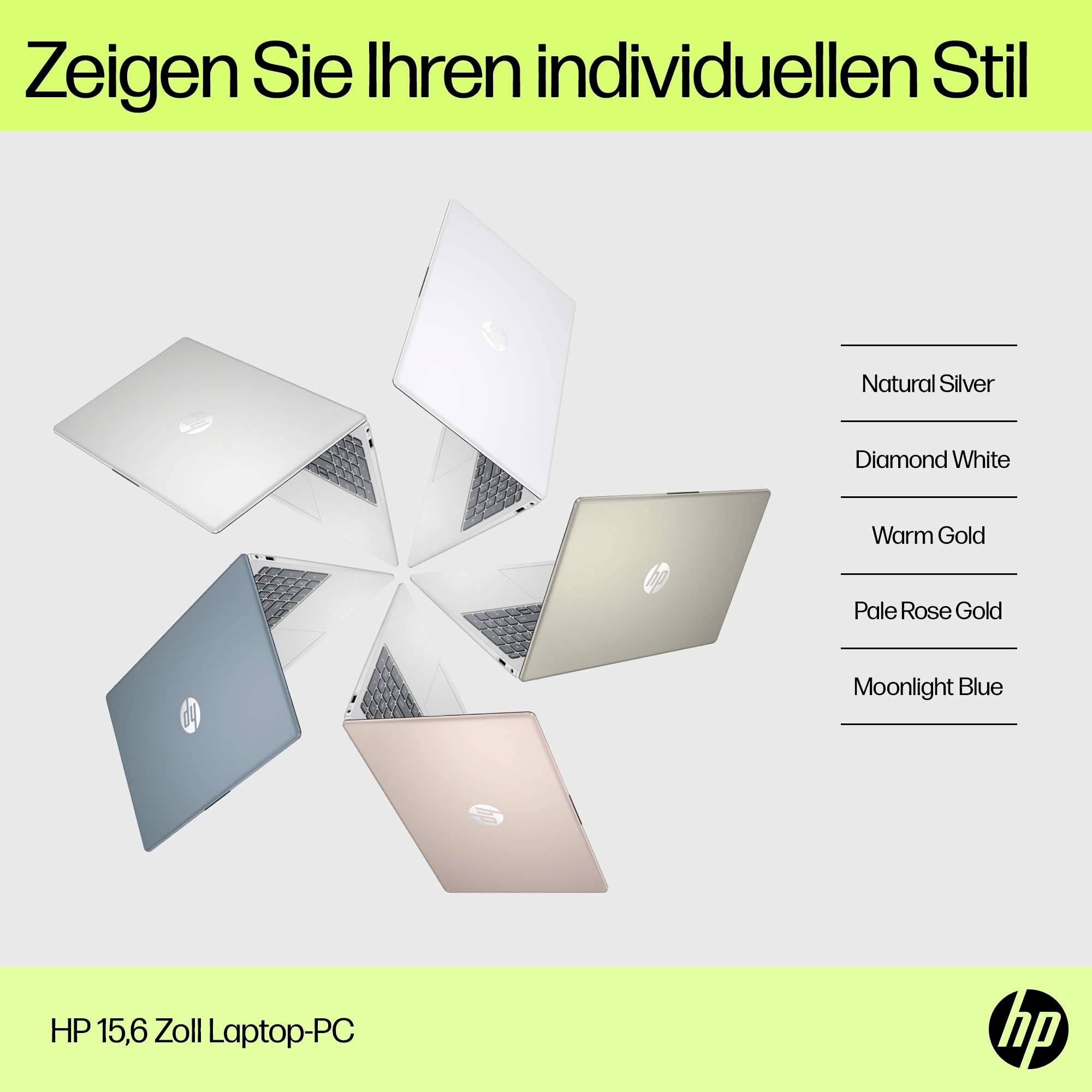 'Zeigen Sie Ihren individuellen Stil'. Sechs Laptops in verschiedenen Farben: Natural Silver, Diamond White, Warm Gold, Pale Rose Gold, Moonlight Blue. HP 15,6 Zoll Laptop-PC.