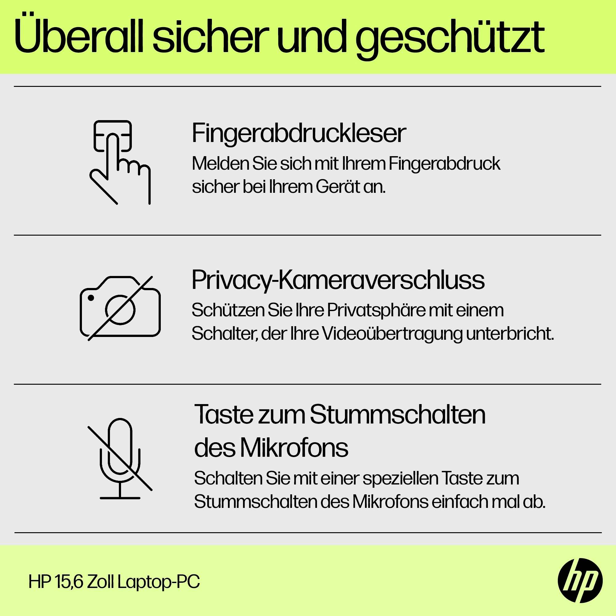 Laptop mit Fingerabdruckleser, Kameraabdeckung und Stummschalt-Taste für Mikrofon. Text: 'Überall sicher und geschützt'. Modell: HP 15,6 Zoll.