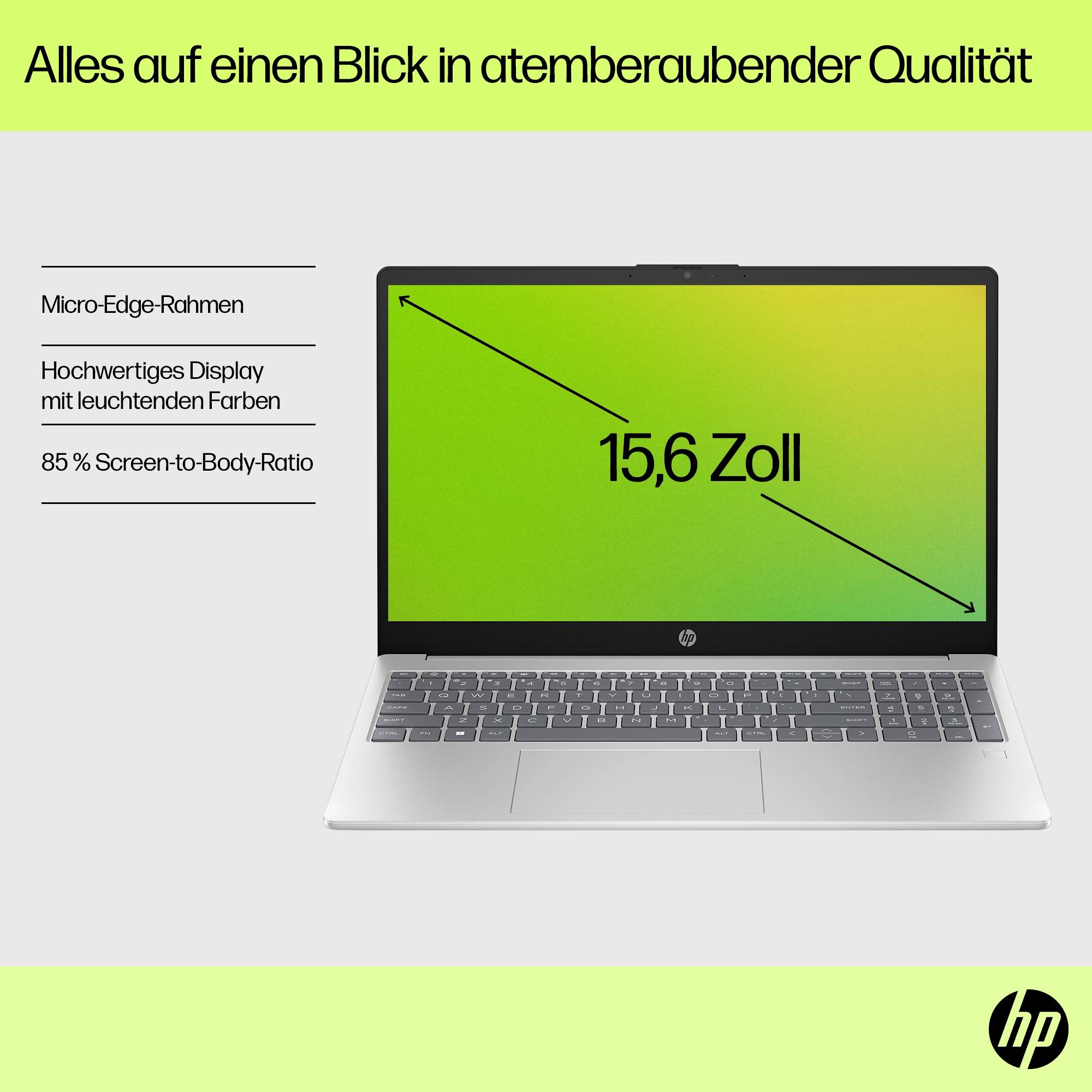 Ein Laptop mit 15,6 Zoll Display. Text oben: 'Alles auf einen Blick in atemberaubender Qualität'. Links: Merkmale des Bildschirms.