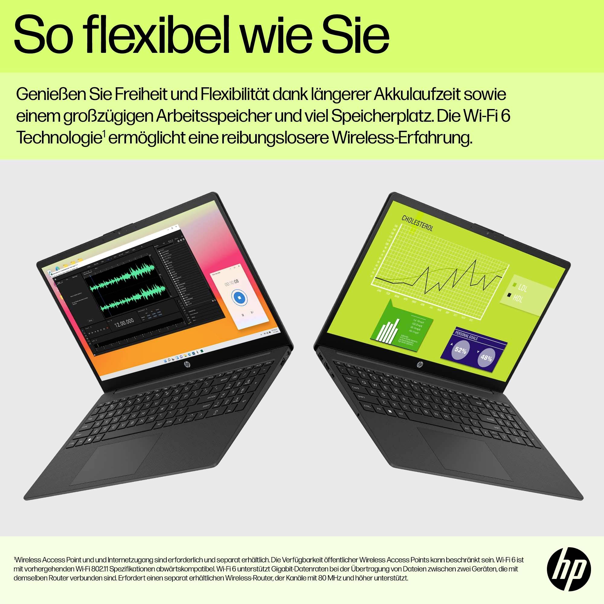 Zwei Laptops, einer zeigt eine Musiksoftware, der andere ein Diagramm. Text oben: 'So flexibel wie Sie' mit Beschreibung der Wireless-Fähigkeiten.