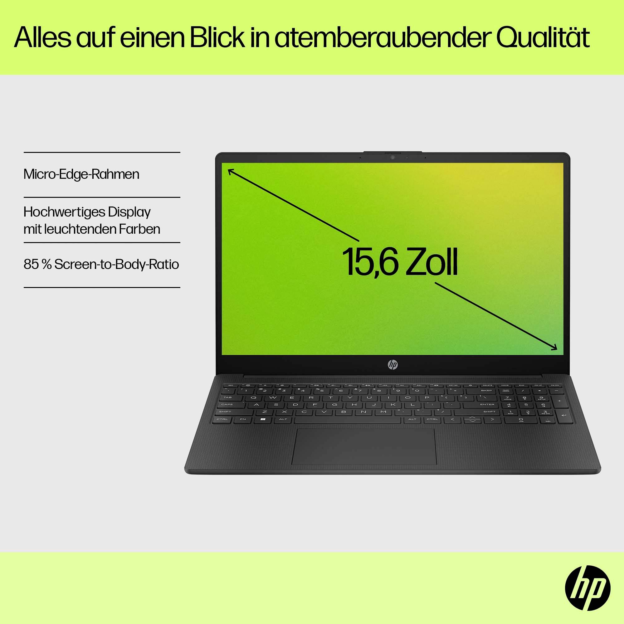 Ein Laptop mit 15,6-Zoll-Display, mikrogefassten Rahmen und einem Display mit leuchtenden Farben. Text: 'Alles auf einen Blick in atemberaubender Qualität'.