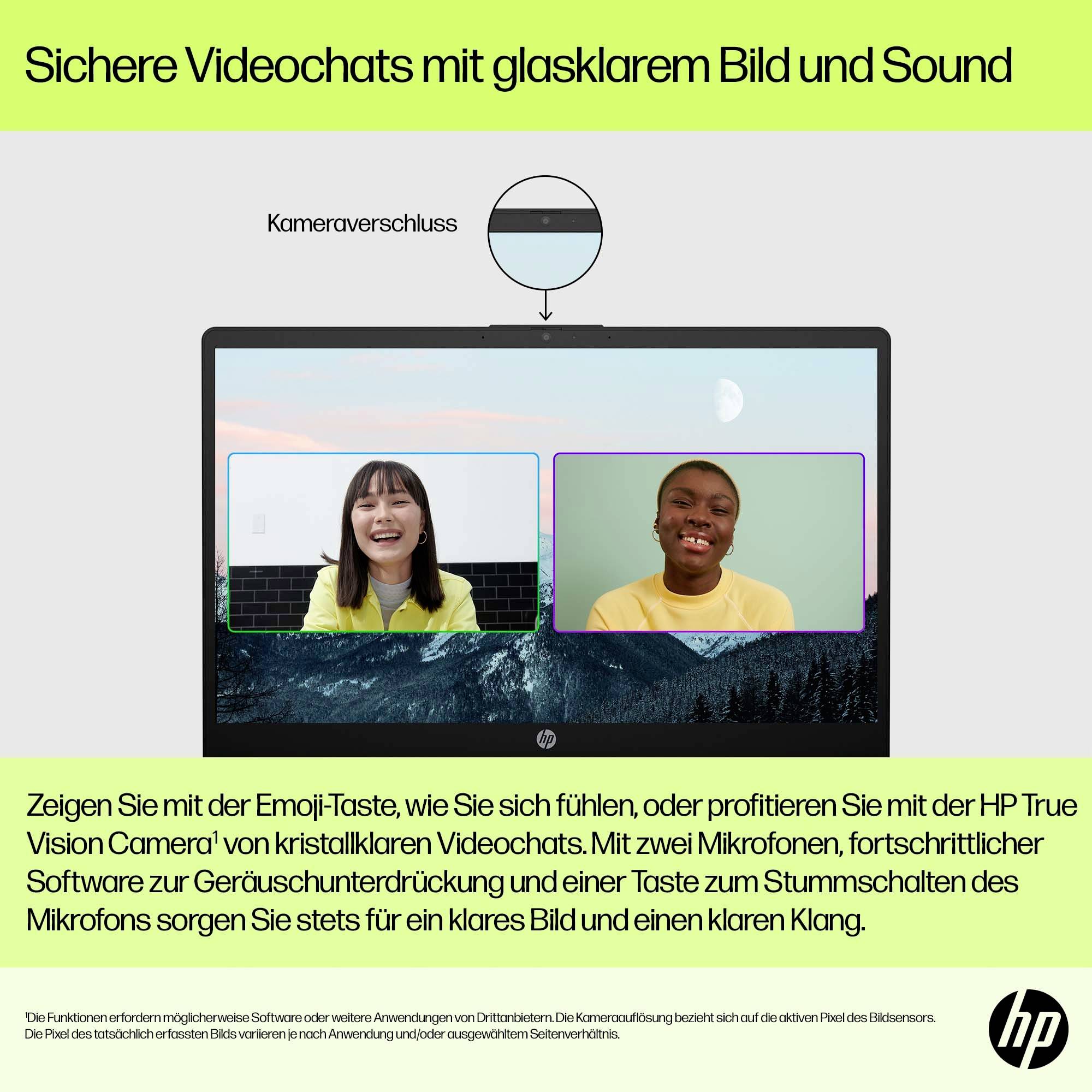 'Sichere Videochats mit klarem Bild und Sound' steht oben. Zwei Personen sind in Videofenstern auf einem Laptop-Bildschirm zu sehen.