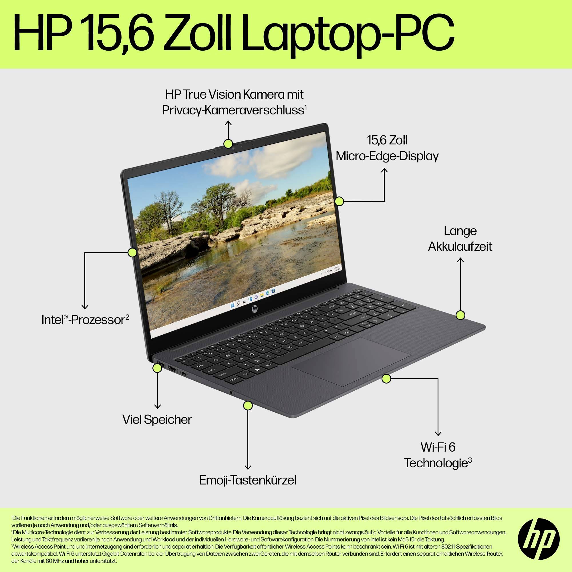 HP 15,6 Zoll Laptop-PC mit Privacy-Kamera, 15,6 Zoll Micro-Edge-Display, Intel-Prozessor, viel Speicher, lange Akkulaufzeit, Wi-Fi 6.