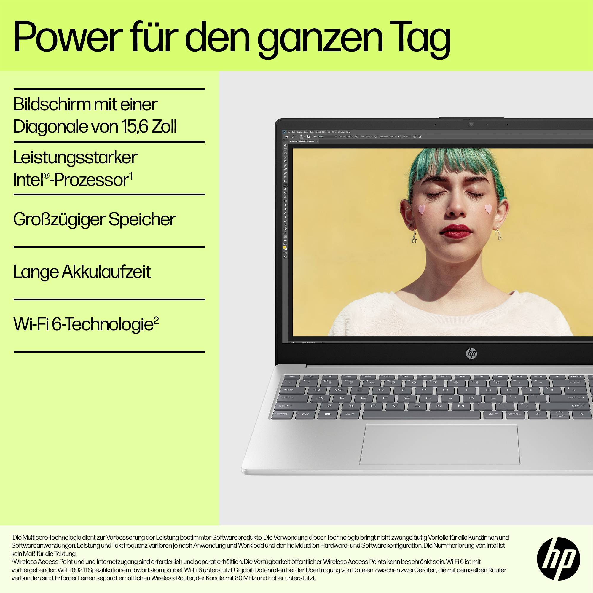 Laptop mit 15,6 Zoll Display, ausgestattet mit Intel-Prozessor und Wi-Fi 6, verspricht lange Akkulaufzeit und schnellen Speicher.