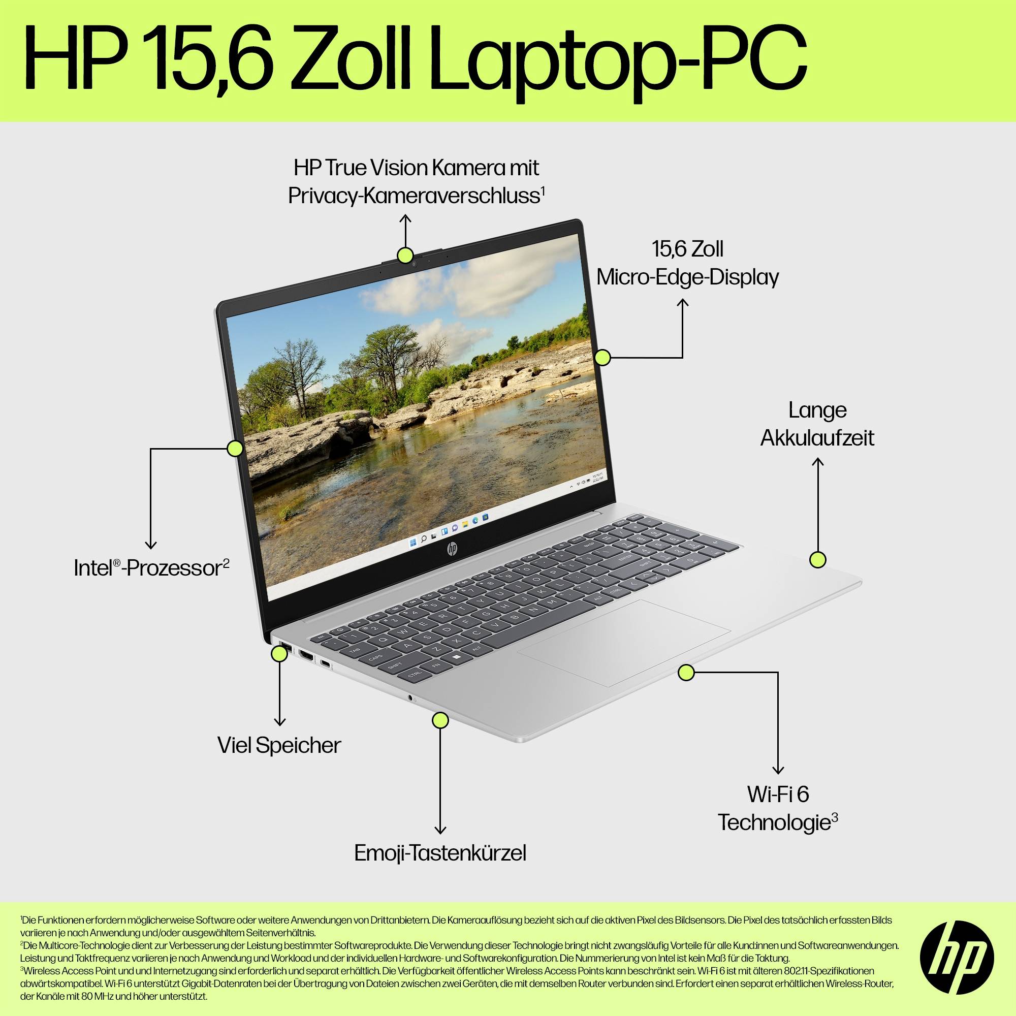 'HP 15,6 Zoll Laptop-PC' mit Intel Prozessor, 15,6 Zoll Micro-Edge-Display, langer Akkulaufzeit, Viel Speicher und Wi-Fi 6 Technologie.
